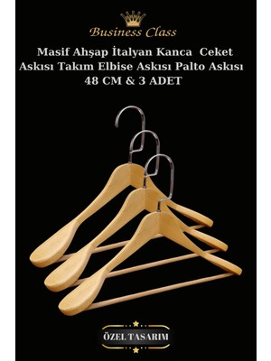 Manken İstanbul Business Class 3 Adet 48 cm Krom Italyan Kanca Masif Ahşap  Elbise Askısı Palto Askısı Ceket Askısı