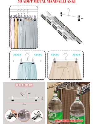 Manken İstanbul 50 Adet Paslanmaz 40 cm Hareketli Mandallı Metal Etek Askısı Pantolon Askısı Gardırop Askısı