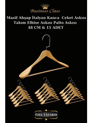 Manken İstanbul Business Class 15 Adet 48 cm Krom Italyan Kanca Masif Ahşap  Elbise Palto Ceket Askısı