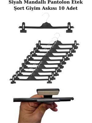 Manken İstanbul 10 Adet 38 cm Plastik Siyah Mandallı Pantolon Etek Şort Giyim Askısı