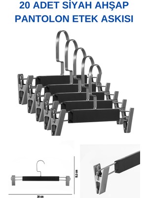 Manken İstanbul 20 Adet Lamine Siyah Ahşap Mandallı Pantolon Askısı Etek Askısı