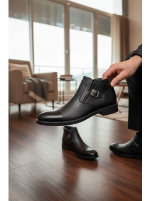 Enoch Hakiki Deri Dokulu Yüzey Toka Detaylı Erkek Klasık Sivri Burun Bot