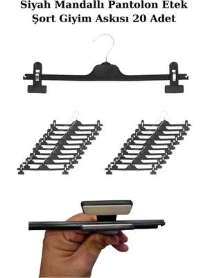 Manken İstanbul 20 Adet 38 cm Plastik Siyah Mandallı Pantolon Etek Şort Giyim Askısı