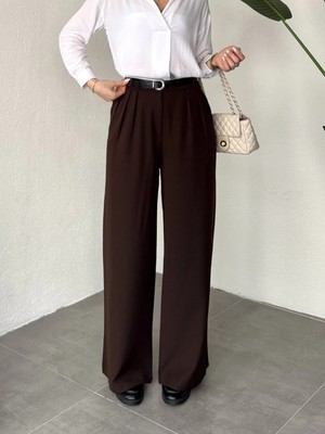 Asfa Moda Kadın Kahverengi Pileli Yüksek Bel Bol Paça Ekstra Bol Palazzo Kumaş Pantolon