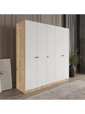 Afilli Yıldız 5 Kapaklı 2 Çekmeceli Giyinme Dolabı Tamamı Mdf LED Askılıklı