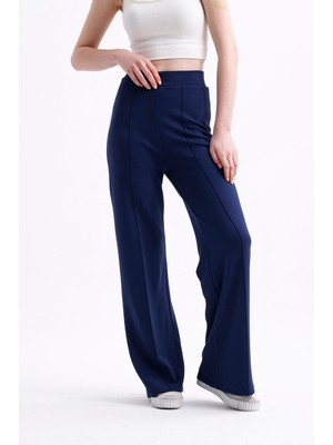 Warasiva Kadın Lacivert Önü Nervürlü Geniş Kalıp Bol Paça Modal Kumaş Yüksek Bel Toparlayıcı Pantolon Tayt