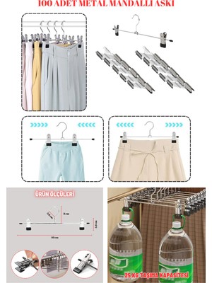 Manken İstanbul 100 Adet Paslanmaz 40 cm Hareketli Mandallı Metal Etek Askısı Pantolon Askısı Gardırop Askısı