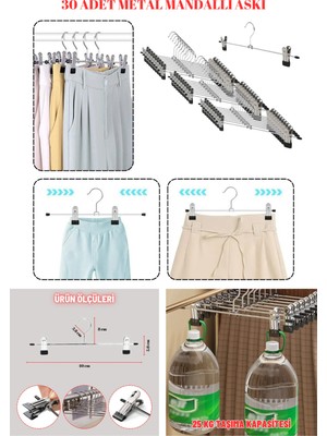 Manken İstanbul 30 Adet Paslanmaz 40 cm Hareketli Mandallı Metal Etek Askısı Pantolon Askısı Gardırop Askısı
