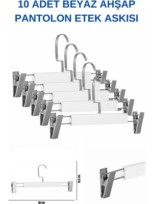 Manken İstanbul 10 Adet Lamine Beyaz Ahşap Mandallı Pantolon Askısı Etek Askısı