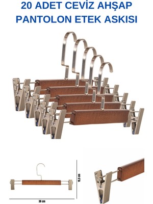 Manken İstanbul 20 Adet Lamine Ceviz Ahşap Mandallı Pantolon Askısı Etek Askısı