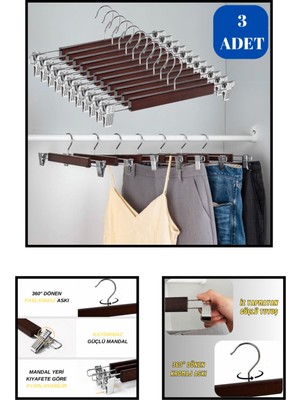 Manken İstanbul Delüks 3 Adet Ahşap Siyah Ahşap Mandallı Pantolon Askısı Etek Askısı Elbise Askısı