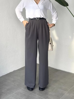 Asfa Moda Kadın Antrasit Pileli Yüksek Bel Bol Paça Ekstra Bol Palazzo Kumaş Pantolon