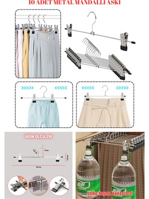 Manken İstanbul 10 Adet Paslanmaz 40 cm Hareketli Mandallı Metal Etek Askısı Pantolon Askısı Gardırop Askısı