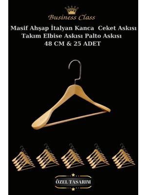 Manken İstanbul Business Class 25 Adet 48 cm Krom Italyan Kanca Masif Ahşap  Elbise Askısı Palto Askısı Ceket Askısı