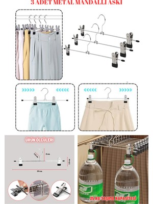 Manken İstanbul 3 Adet Paslanmaz 40 cm Hareketli Mandallı Metal Etek Askısı Pantolon Askısı Gardırop Askısı