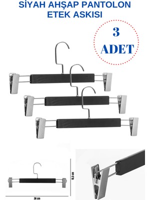 Manken İstanbul 3 Adet Lamine Siyah Ahşap Mandallı Pantolon Askısı Etek Askısı
