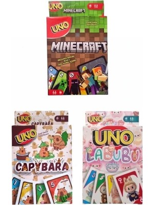 Oyunsal Capybara Uno + Labubu Uno + Minecraft Uno Oyun Kartları 3'lü Set