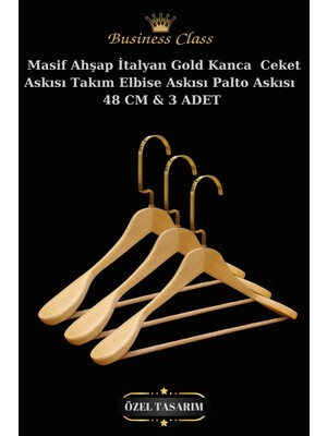 Manken İstanbul Business Class 3 Adet 48 cm Gold Italyan Kanca Masif Ahşap  Elbise Askısı Palto Askısı Ceket Askısı