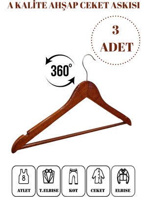 Manken İstanbul 3 Adet  Ahşap Ceket Askısı Gömlek Askısı Tişört Askısı Ahşap Askı Elbise Askısı