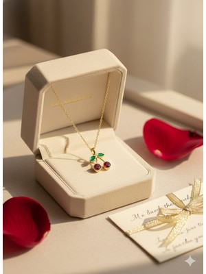 Papatya Silver 925 Ayar Gümüş Gold Kaplama Özel Tasarım Kırmızı Kiraz Kolye