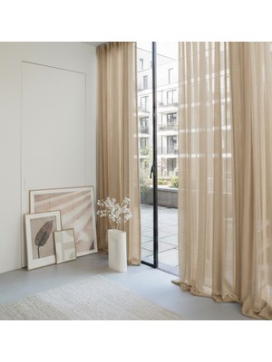 Ran Perde Kalın Dokulu Pırıltılı Tül Perde - Koyu Bej - Pileli Dikim 1x2,5 Pile - RP505