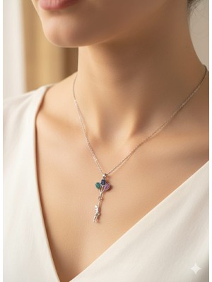 Renkli Zirkon Taşlı Balon Tutan Kız Çelik Kolye