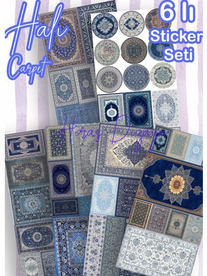 Hiras Dizayn 6lı Otantik Etnik Mavi Halı Desenleri Kilim Sticker Seti Etiketler Ajanda Bullet Journal Scrabook