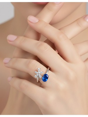 925 Ayar Gümüş Mavi Damla Tasarım Free Sıze Kadın Yüzük Y208