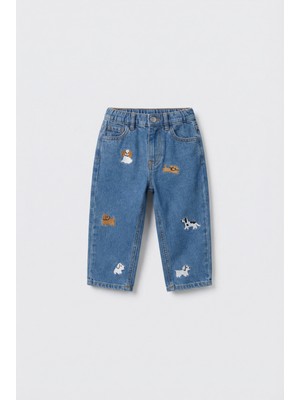 Magu Erkek Çocuk Pamuklu Mavi Kot Pantolon – Köpek Nakışlı