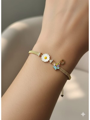 925 Ayar Papatya Silver Tırnak Makası Örme Zincir Patili Harfli Papatya Bileklik.rose.gold.rodaj