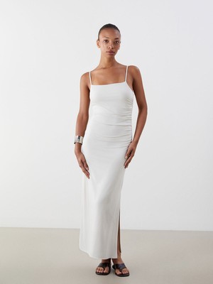 Lc Waikiki Yeni Sezon Kare Yaka Askılı Büzgülü Elbise