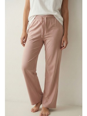 elemge %100 Pamuk Süprem Kadın Pijama Altı Rahat Kalıp Compact Penye Pembe Geniş Paça Ipli Terletmez Alt