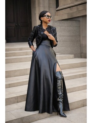 Buğrahayalin Kadın Yüksek Bel Uzun Yırtmaçlı Deri Etek