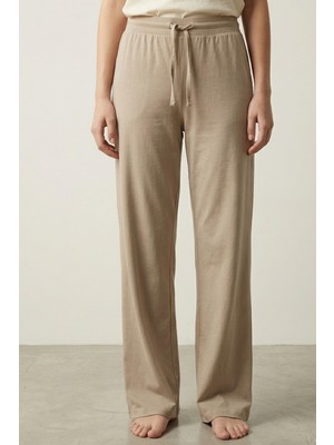 elemge %100 Pamuk Süprem Kadın Pijama Altı Rahat Kalıp Compact Penye Bej Geniş Paça Ipli Terletmez Alt