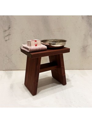 Shark Anatolia Maun Ahşap Banyo Taburesi Oturak ve Beyaz Bakır Hamam Tası Seti