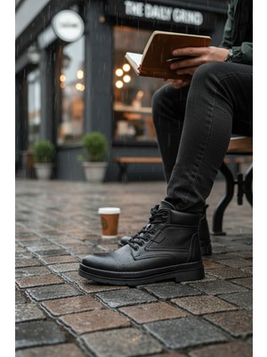 Enoch Siyah Hakiki Deri Suya Dayanıklı Bağcıklı Erkek Bot