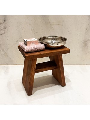 Shark Anatolia Iroko Ahşap Banyo Taburesi Oturak ve Beyaz Bakır Hamam Tası Seti