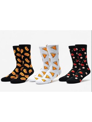 The Secret Desire 3’lü Desenli Unisex Çorap Seti Pizza Hot Dog Çilek Desenli Soket Çorap 36-40 Numara ile Uyumludur