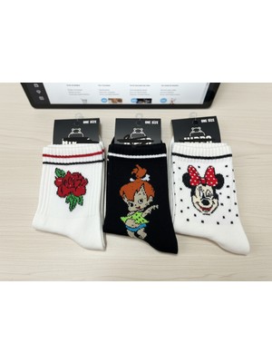 The Secret Desire 3’lü Desenli Unisex Soket Çorap Seti Gül ve  Figürlü Baskılı Çorap 36-40