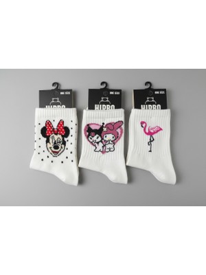 The Secret Desire 3’lü Beyaz Desenli Kadın Soket Çorap Seti Flamingo ve Sevimli Figürlü  Çorap 36-40