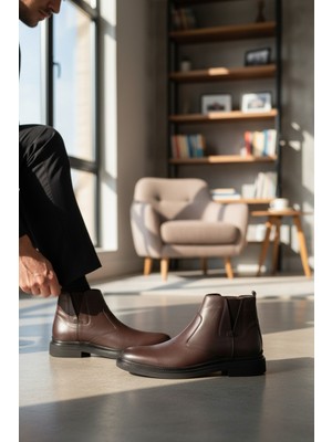 Enoch Hakiki Deri Kahverengi Yan Elastik Panelli Erkek Bot
