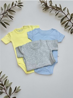 Yarım Kol Üçlü Bebek Çıtçıtlı Body - RYZEB006 - Mavi - 3 - 6 Ay Mavi