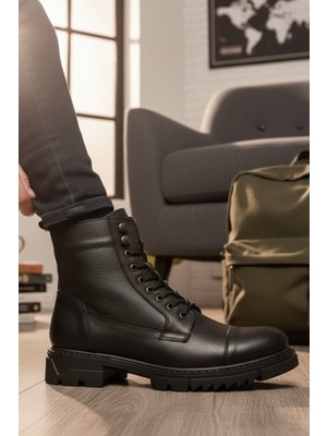 Enoch Hakiki Deri Erkek Bot Bağcıklı Fermuarlı Su Geçirmez Rahat Kalıp Özellikli Siyah
