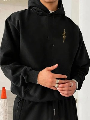 LAYORA Erkekler Için Kanji Baskılı Kapüşonlu Sweatshirt