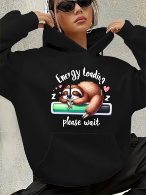 LAYORA Karikatür Kediler Baskılı Kanguru Cep Kapüşonlu Sweatshirt,