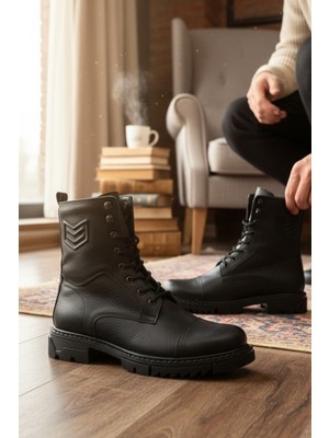 Enoch Hakiki Deri Askeri Amblem Detaylı Yüksek Erkek Bot