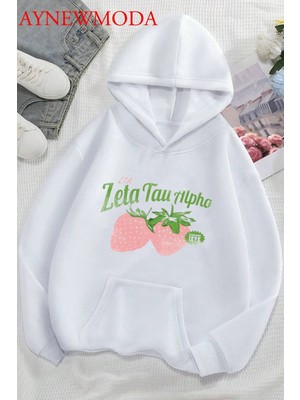 LAYORA Çilek Ön Baskılı Beyaz Oversize Kapşonlu Sweatshirt