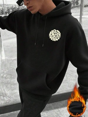 LAYORA Erkek Bol Kesim Ay Hırsızı Baskılı Cepli Kapüşonlu Sweatshirt, Sonbahar/kış