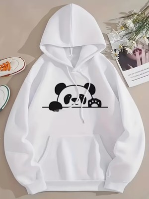 LAYORA Kadınlar Için Casual Kapüşonlu Sweatshirt ile Geometrik Panda Baskısı,