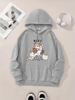 LAYORA Karikatür Kediler Baskılı Kanguru Cep Kapüşonlu Sweatshirt,